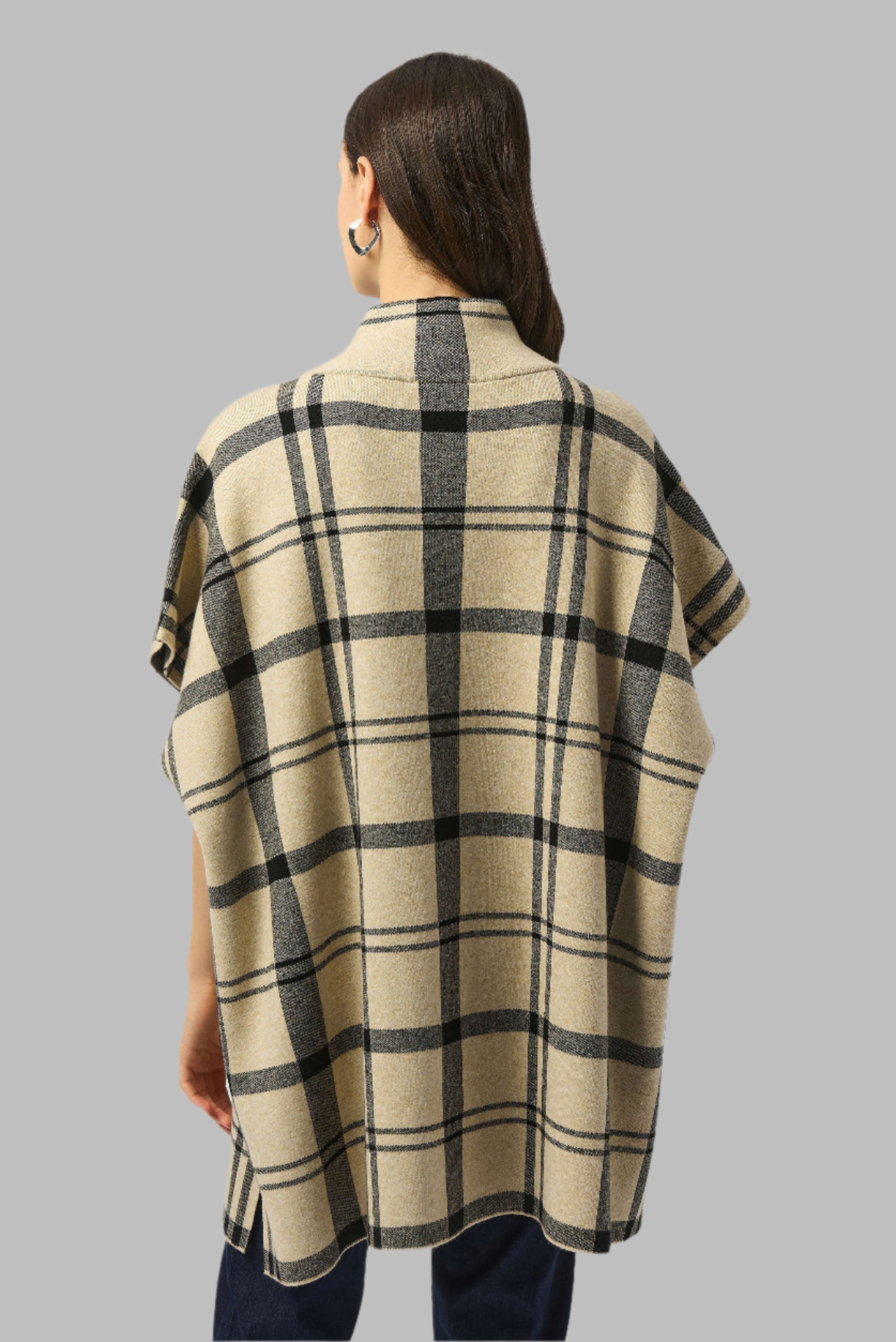 Jacquard Sweater Knit Plaid Poncho