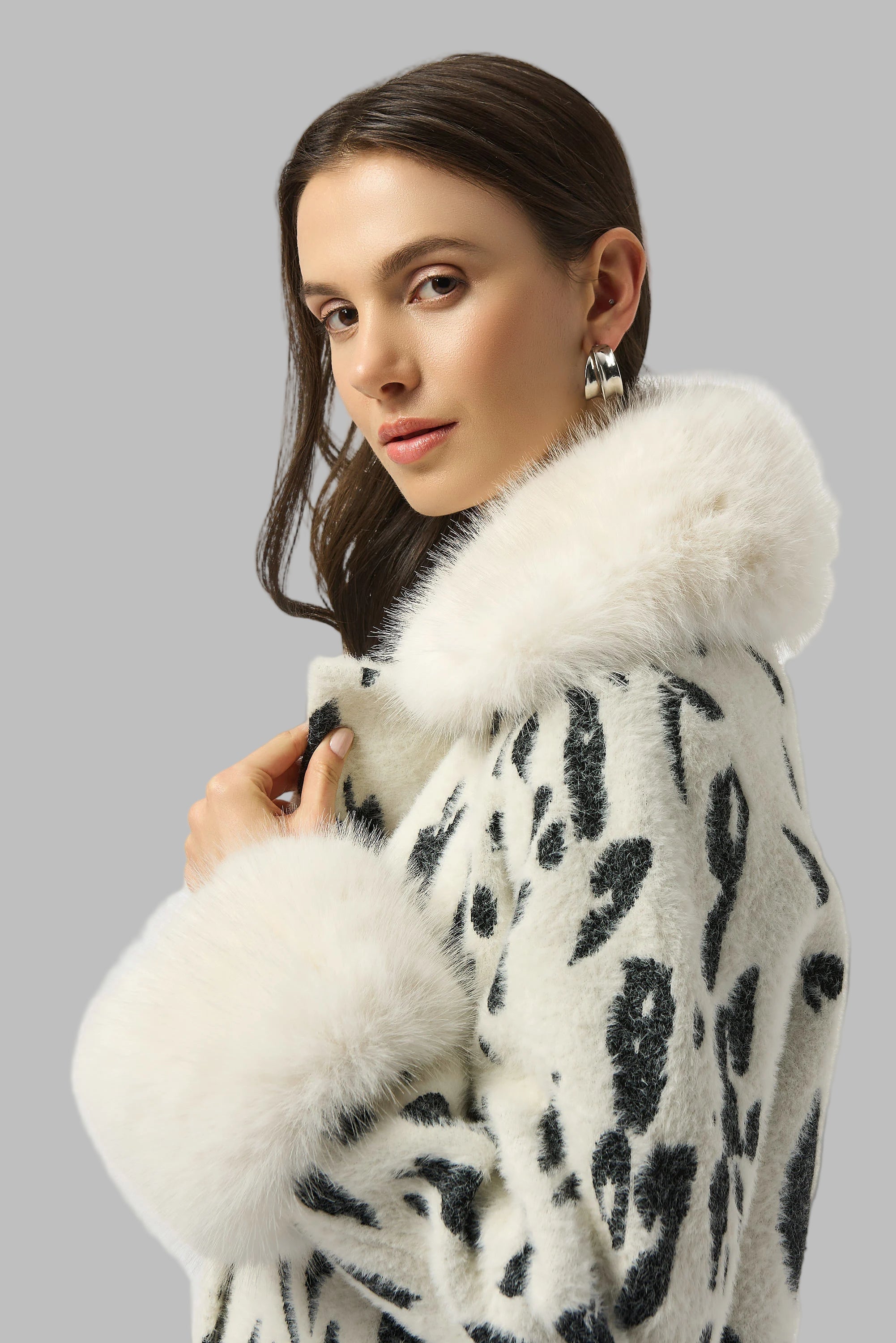Animal Jacquard Coat with Faux Fur Trim