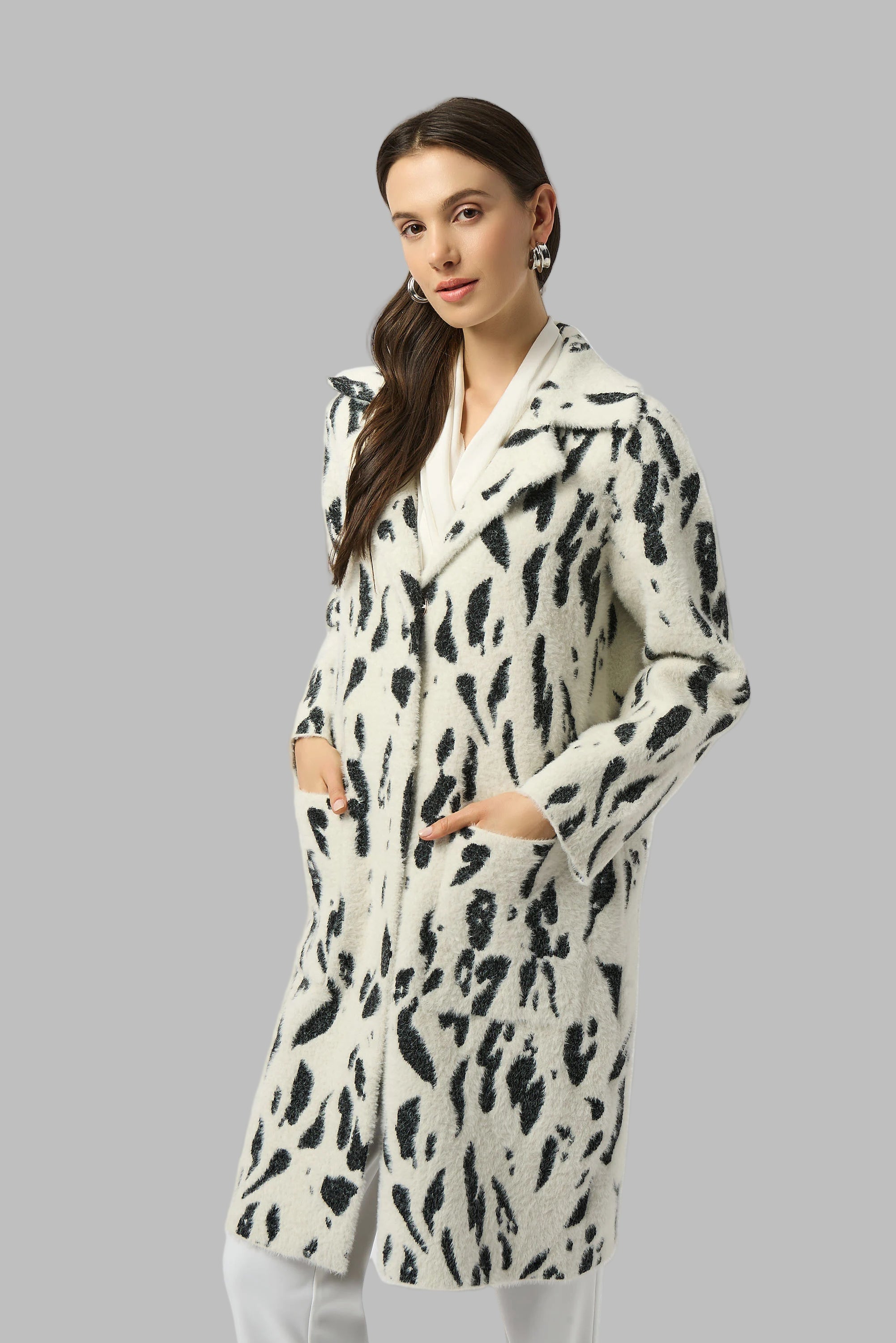 Animal Jacquard Coat with Faux Fur Trim