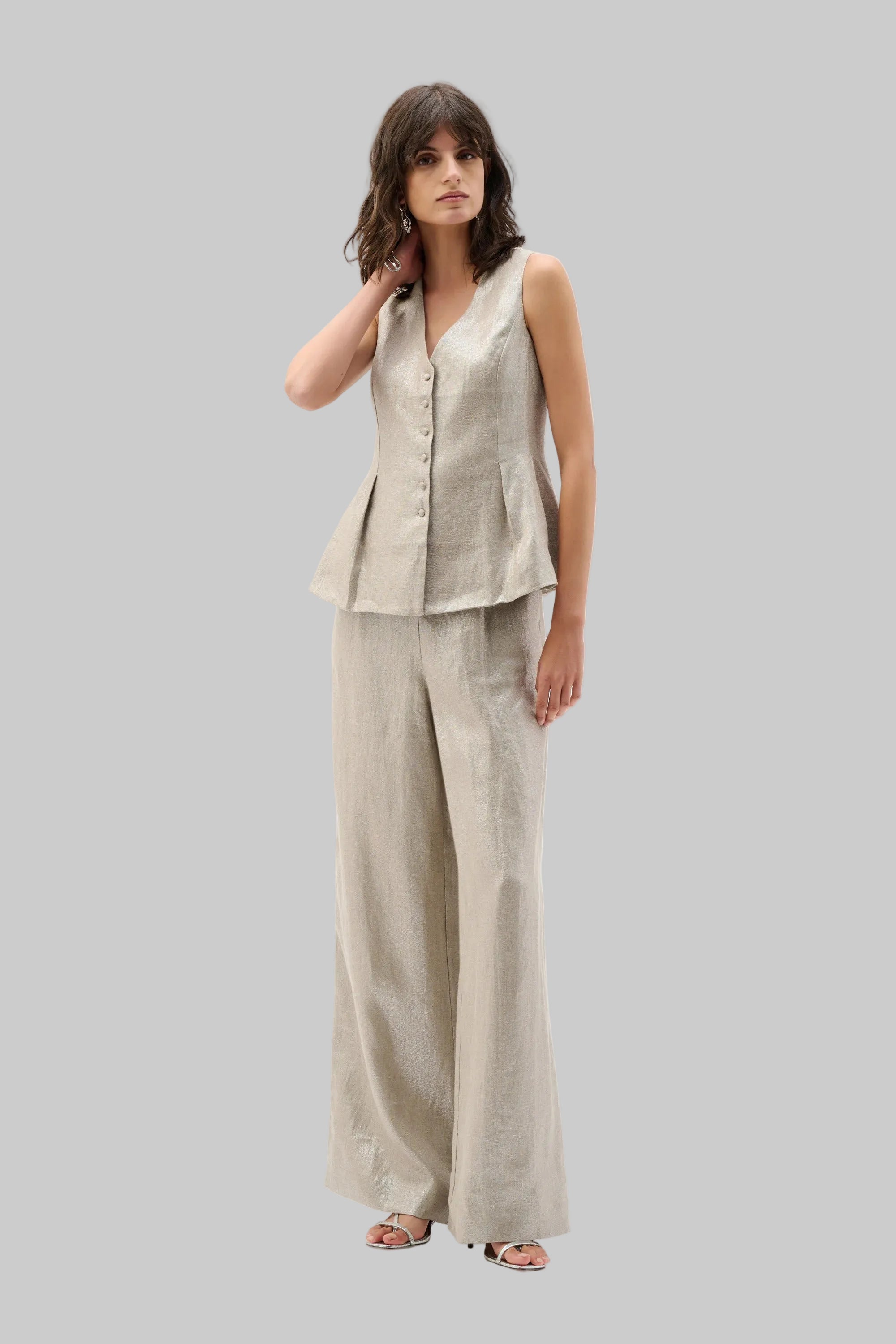Foiled linen Pull-On Wide leg Pants