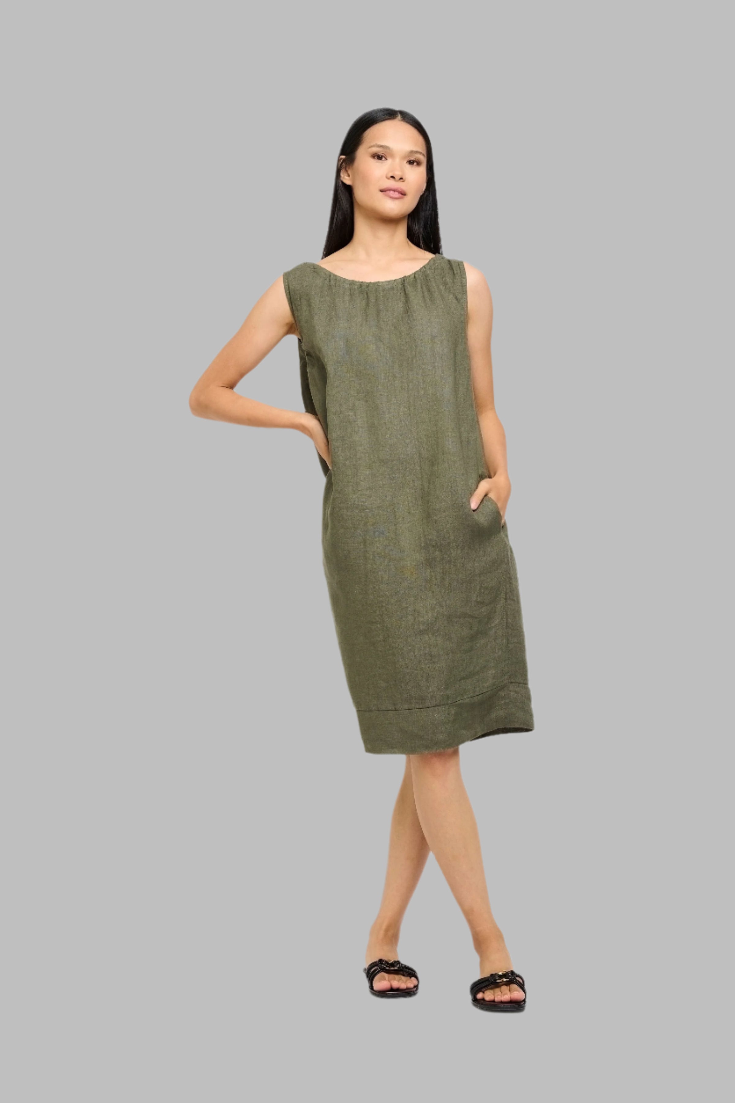 Sleeveless Gathered Linen Dress