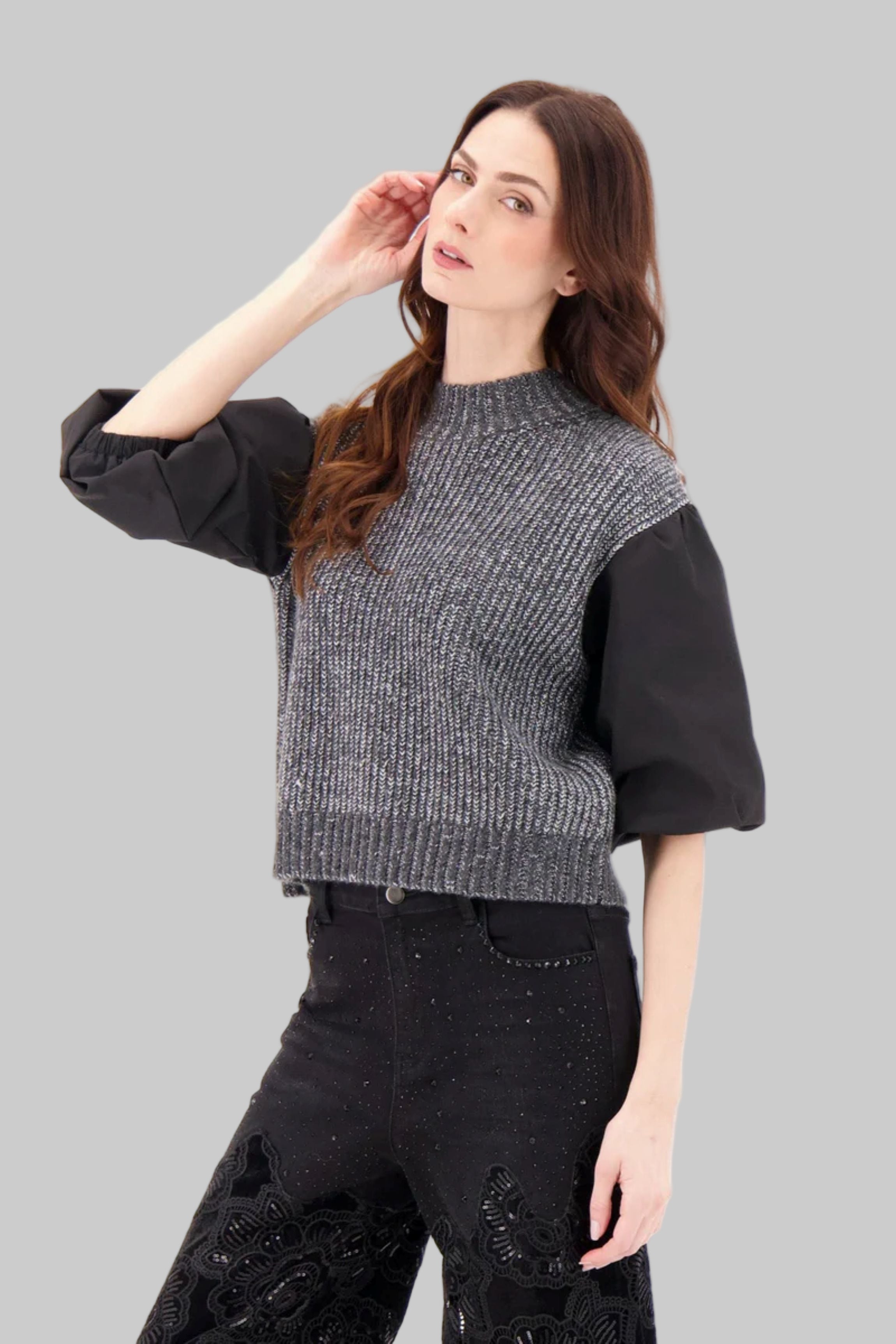 Mock Neck Lurex Sweater With Puff Sleeves
