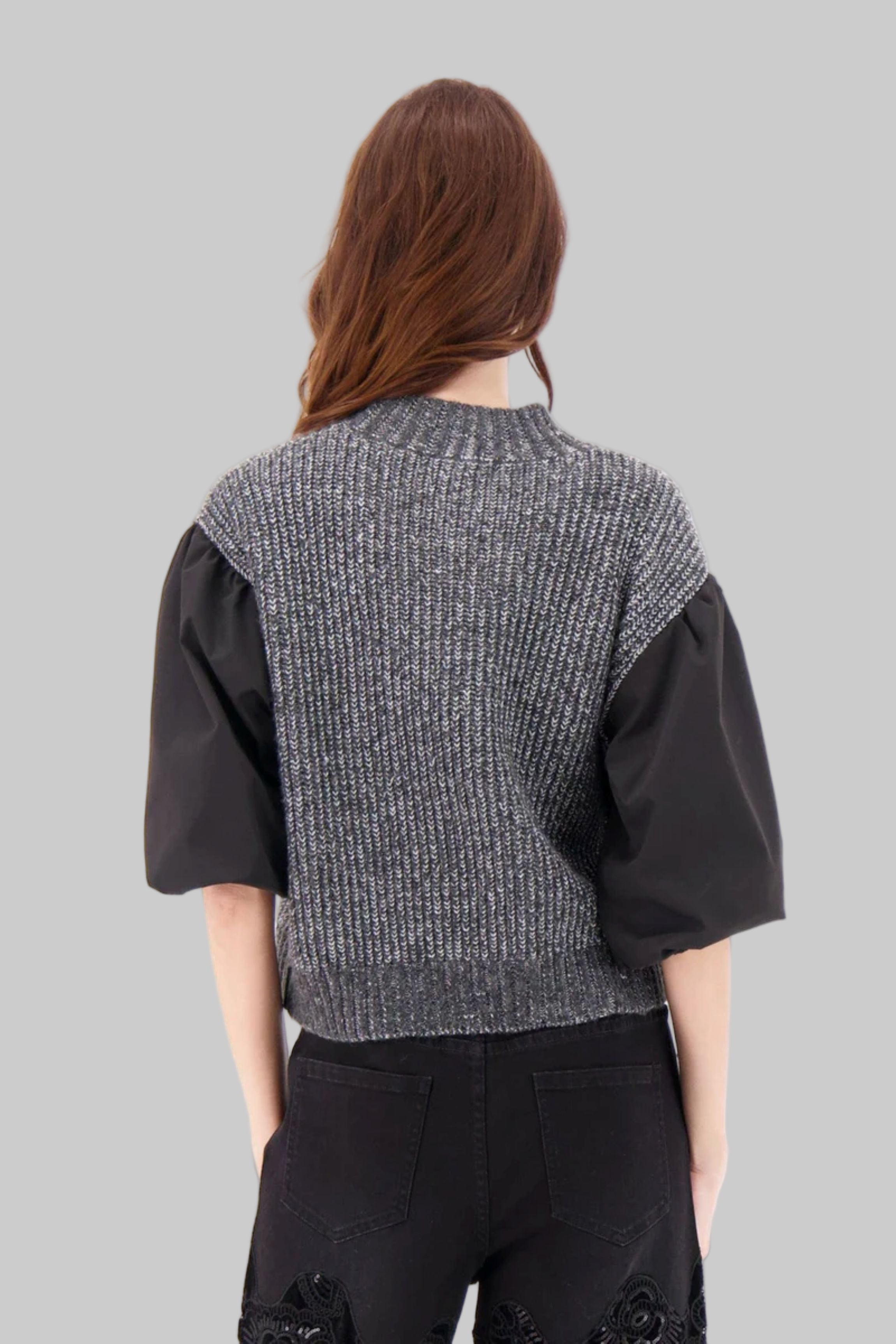 Mock Neck Lurex Sweater With Puff Sleeves