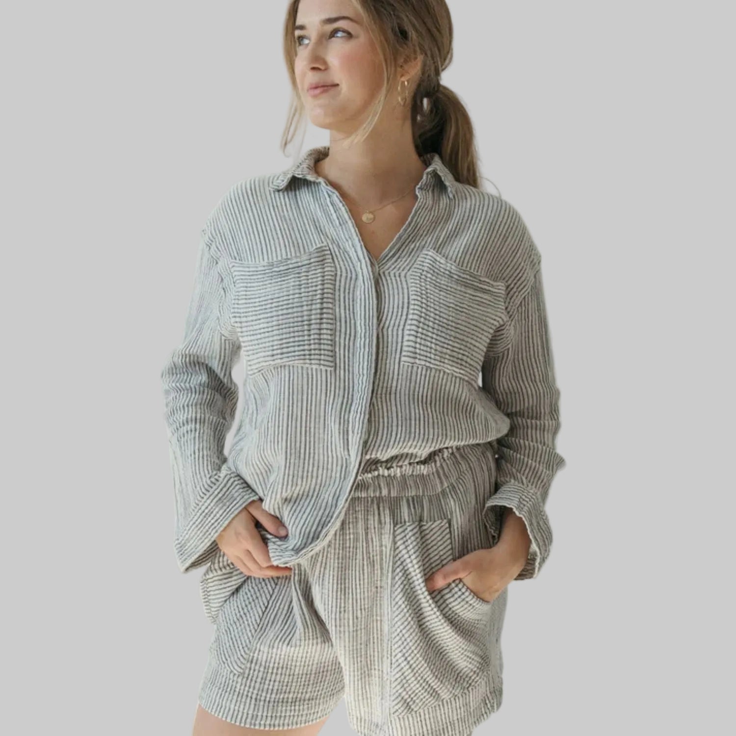 Striped Crinkle Cotton Pocket Shirt