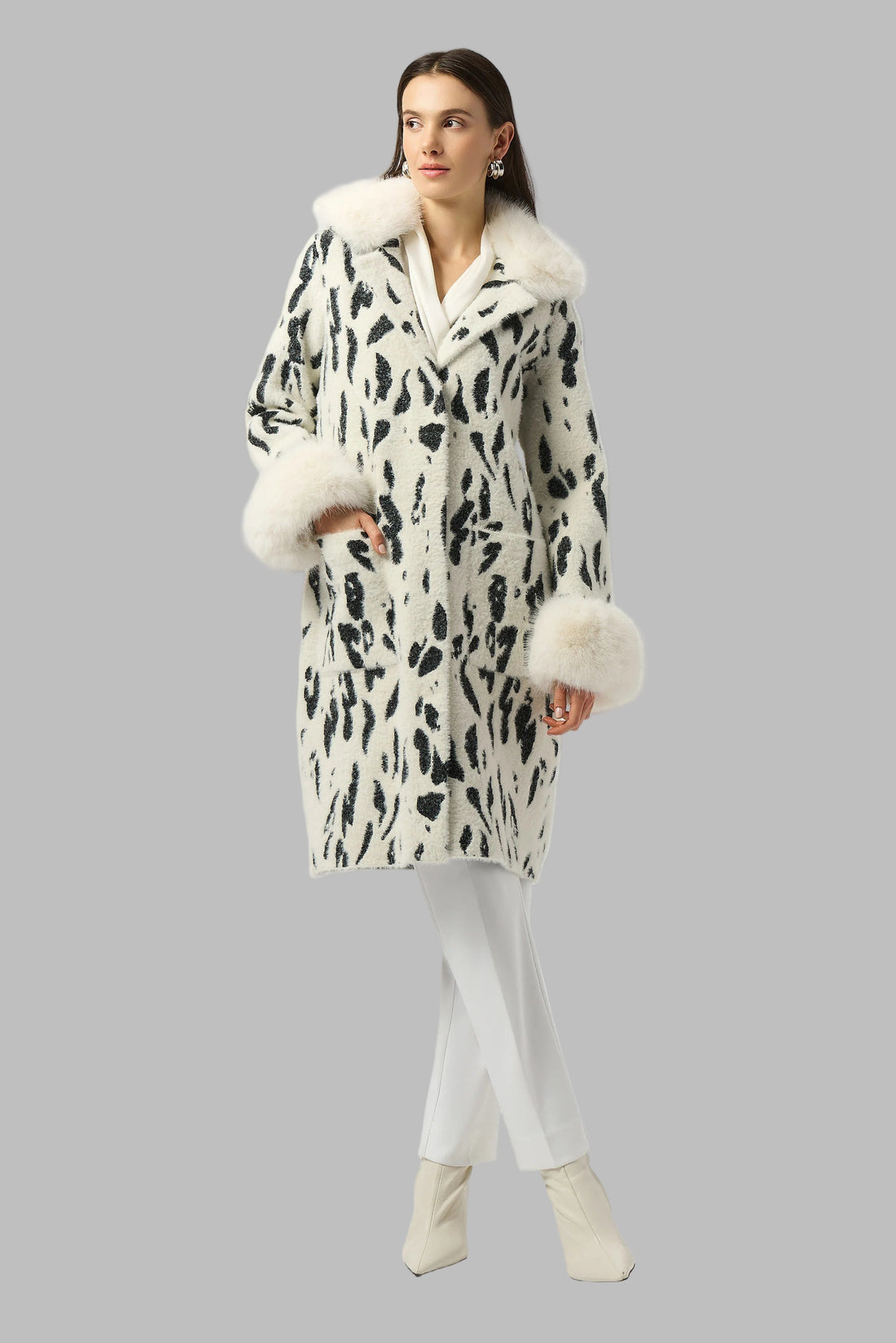 Animal Jacquard Coat with Faux Fur Trim
