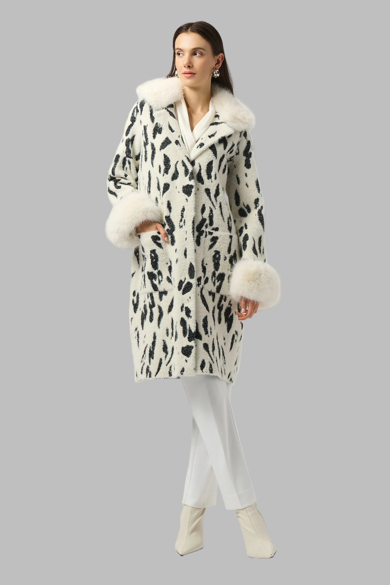 Animal Jacquard Coat with Faux Fur Trim