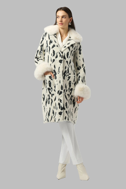 Animal Jacquard Coat with Faux Fur Trim