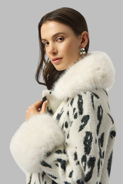Animal Jacquard Coat with Faux Fur Trim