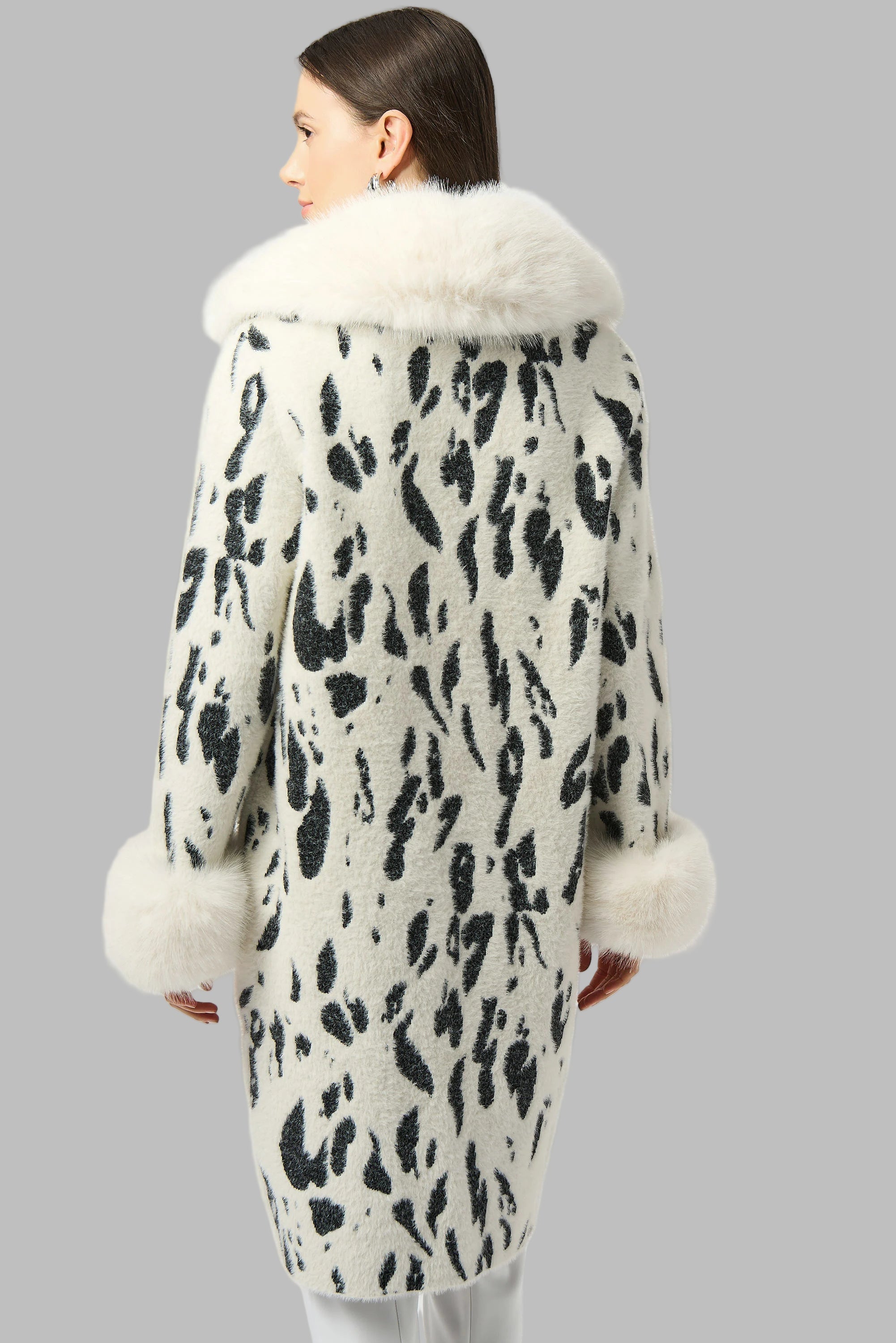 Animal Jacquard Coat with Faux Fur Trim