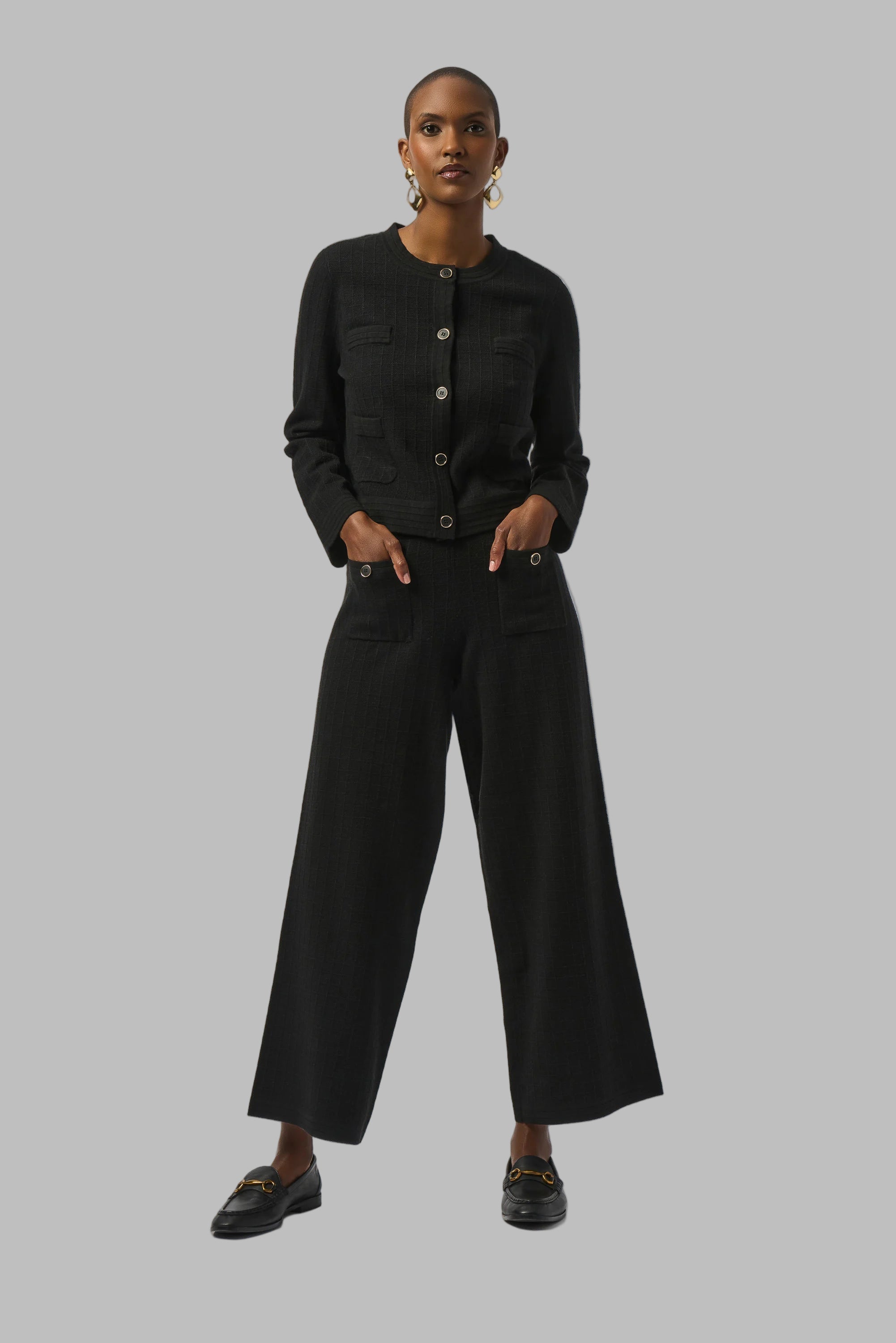 Sweater Knit Crew Neck Button-Front Jacket