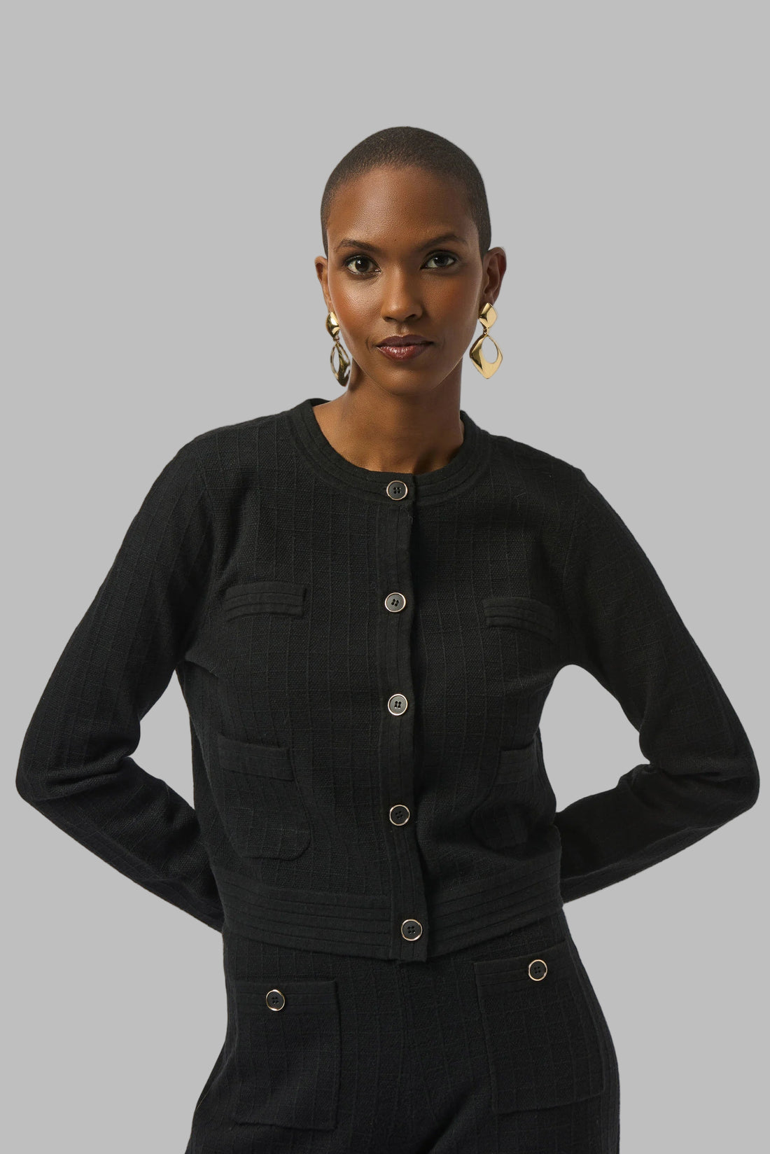 Sweater Knit Crew Neck Button-Front Jacket