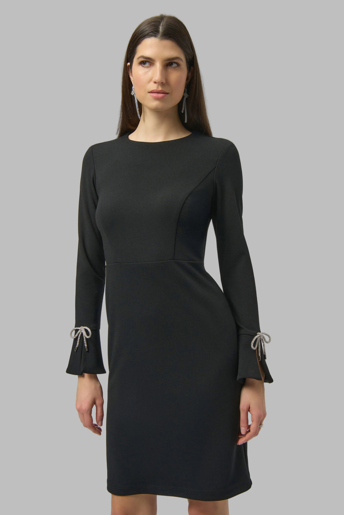 Scuba Crepe Shift Dress With Rhinestone Bows
