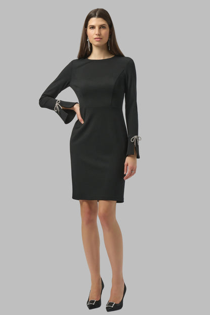 Scuba Crepe Shift Dress With Rhinestone Bows