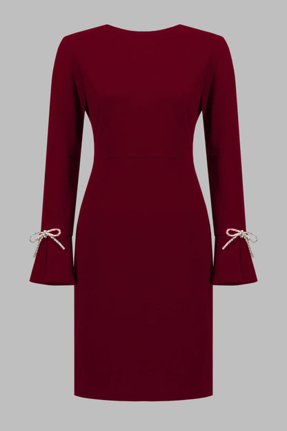 Scuba Crepe Shift Dress With Rhinestone Bows