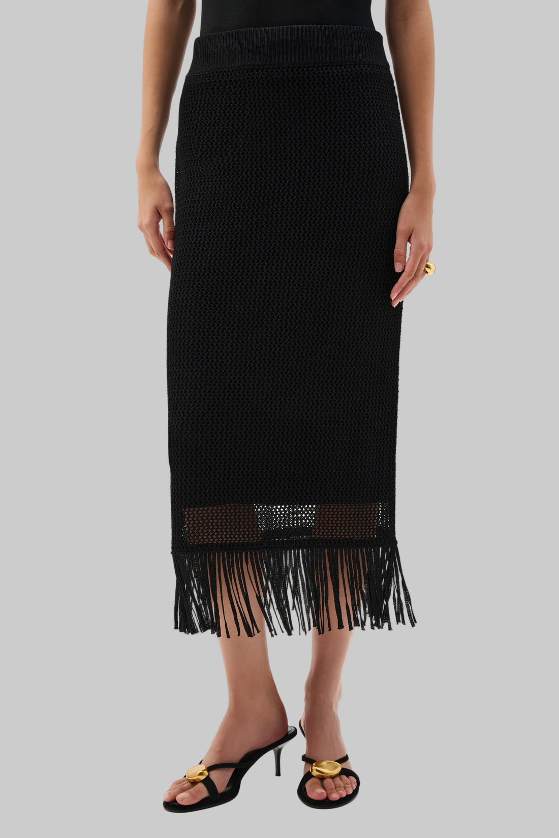 Viscose Sweater Knit Pull-on Skirt With Fringe Trim