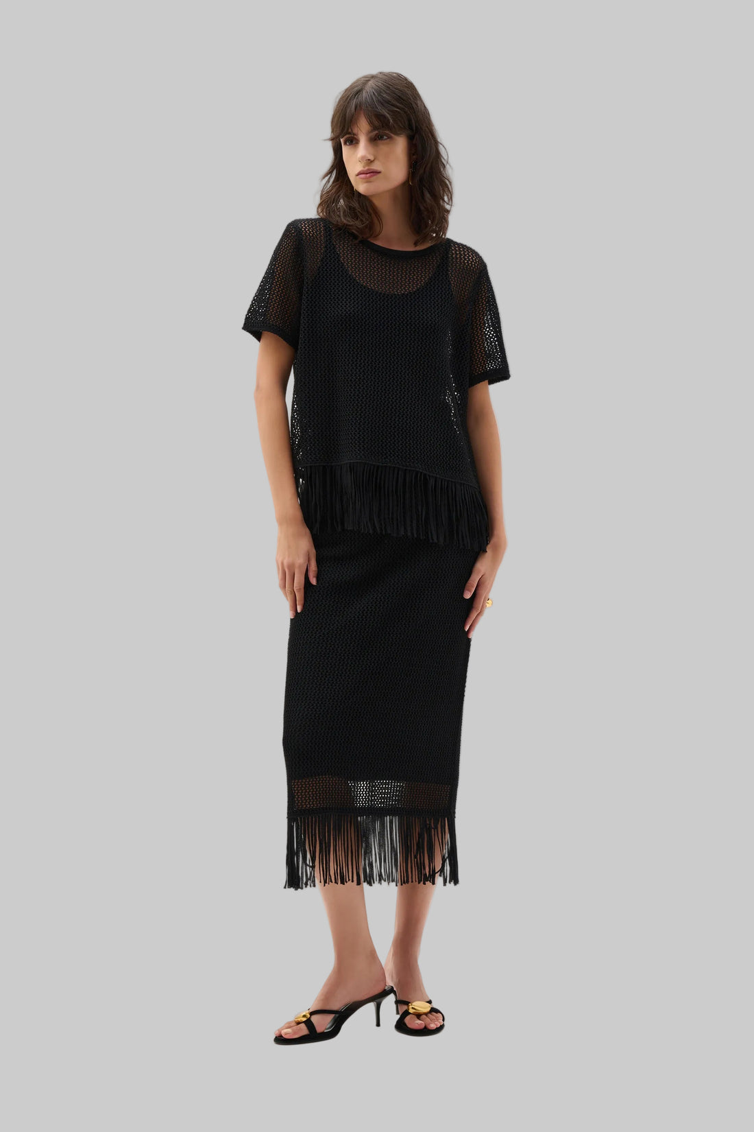 Viscose Sweater Knit Pull-on Skirt With Fringe Trim