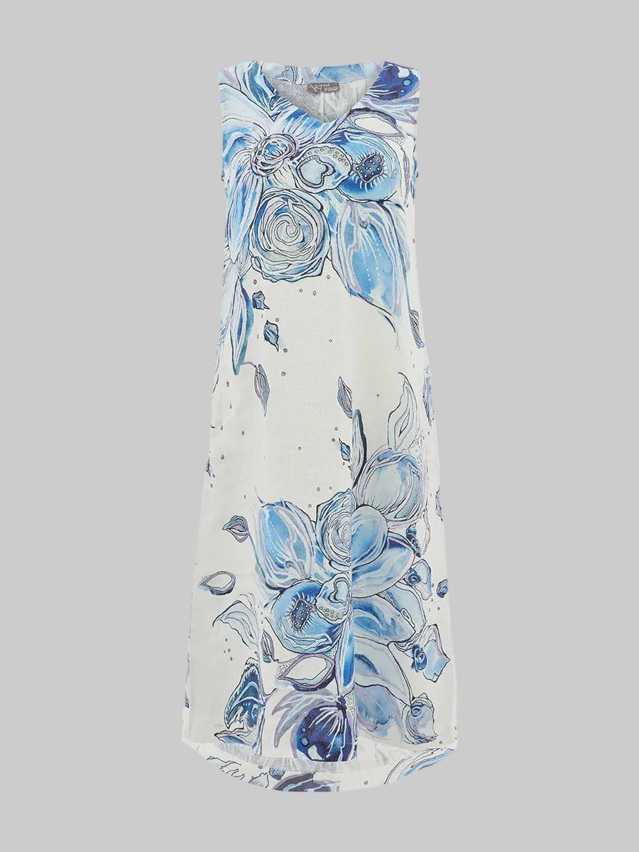 Blue Floral Linen Shift Dress