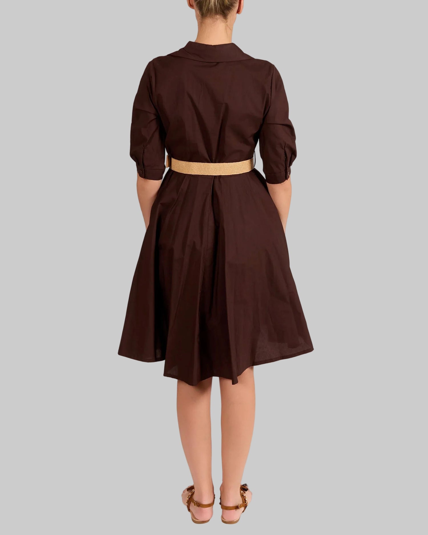 Espresso Button Front Structured Collar Belted  Dress