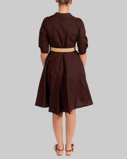 Espresso Button Front Structured Collar Belted  Dress