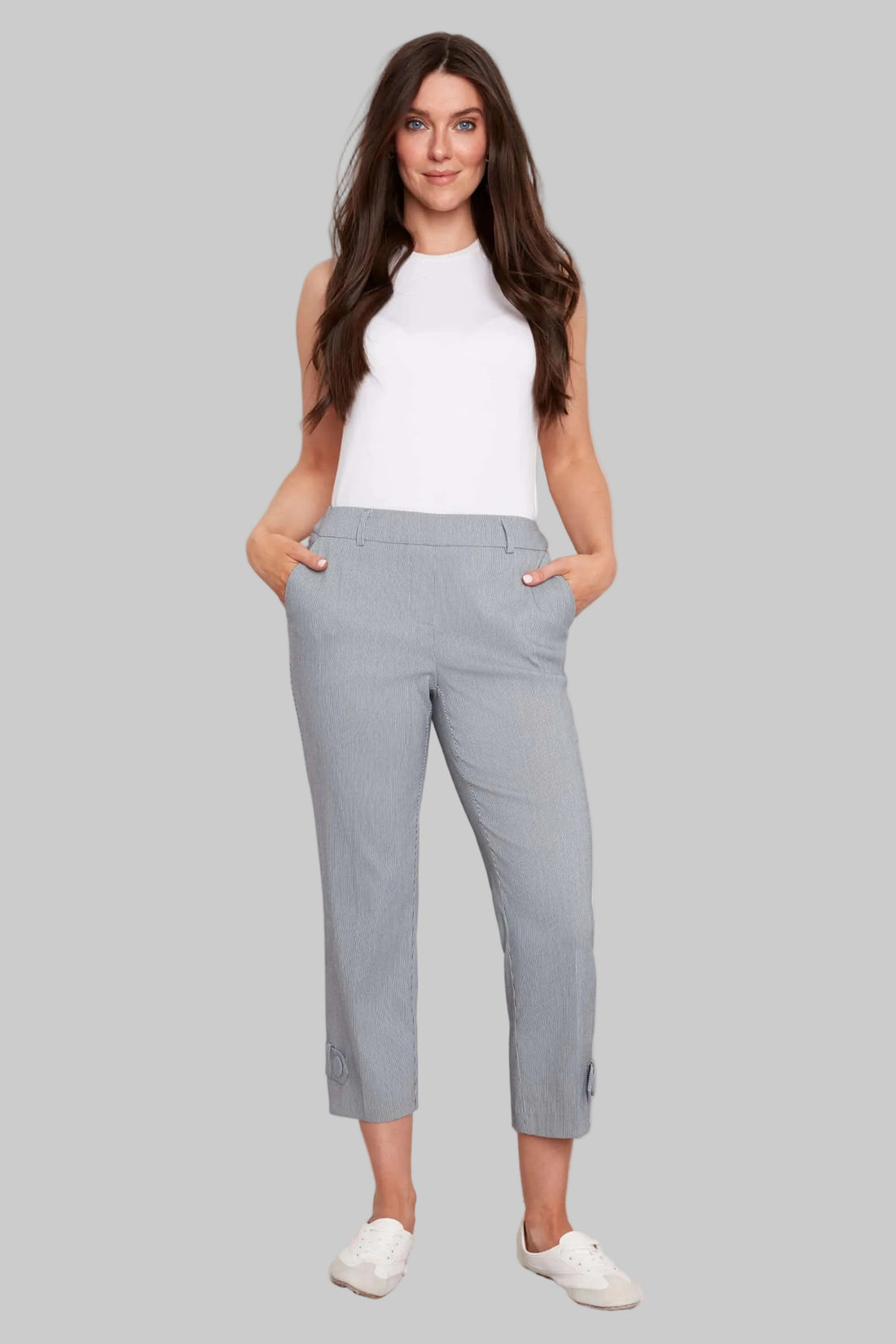 Navy Stripe Techno Button-Tab Cropped Pant