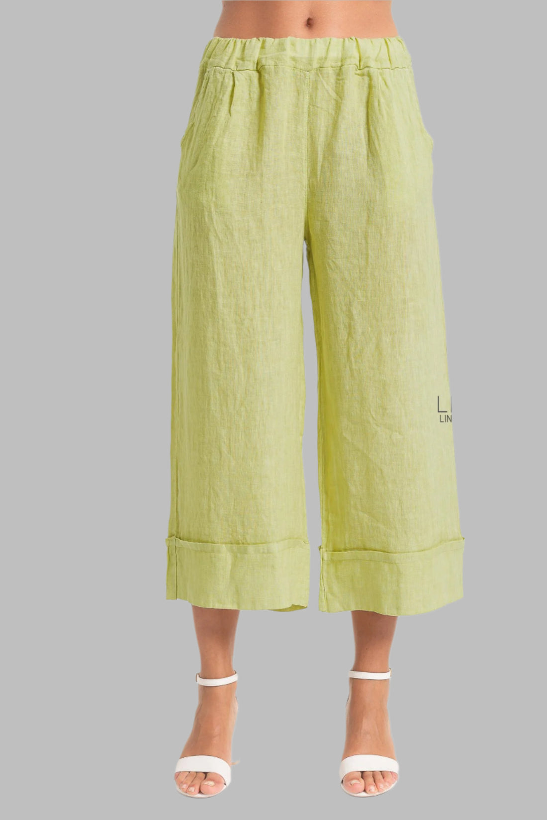 French Linen Crop Palazzo Pant With Broad Cuff