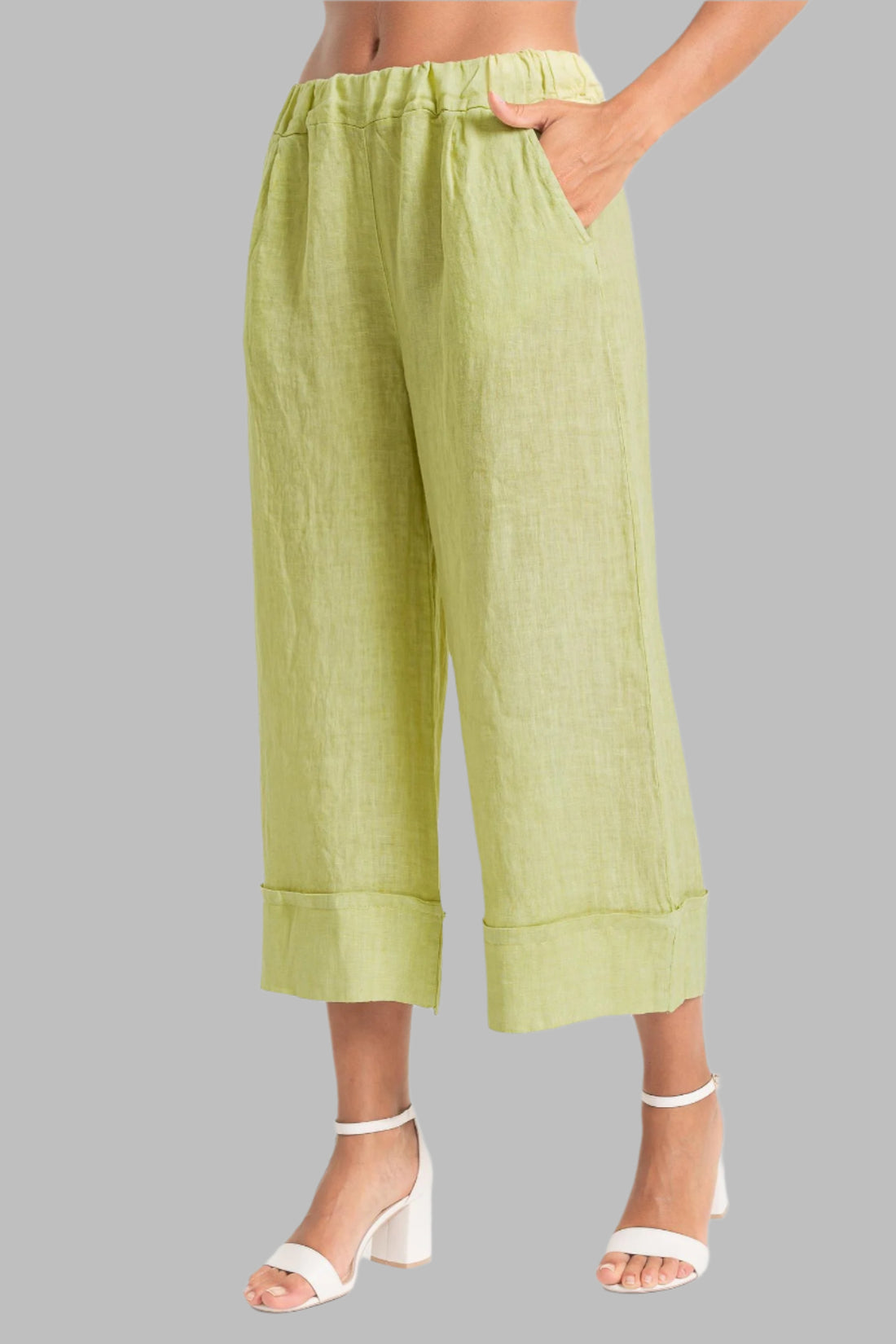French Linen Crop Palazzo Pant With Broad Cuff