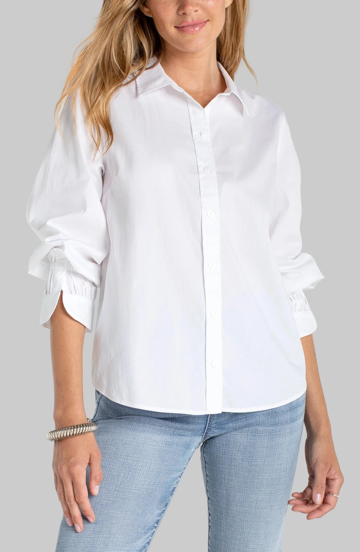 Adjustable Sleeve Button Front Woven Top