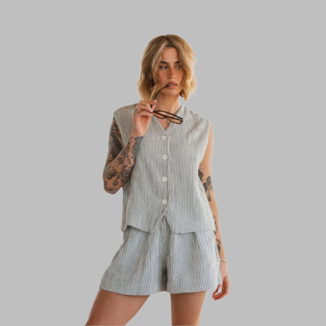 Striped Crinkle Cotton Waistcoat