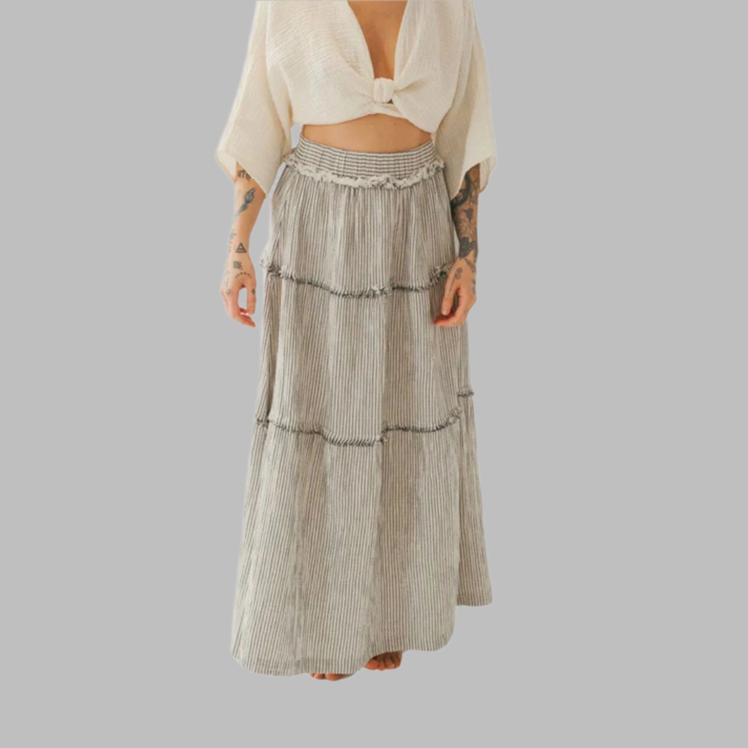 Striped Crinkle Cotton Ruffle Skirt