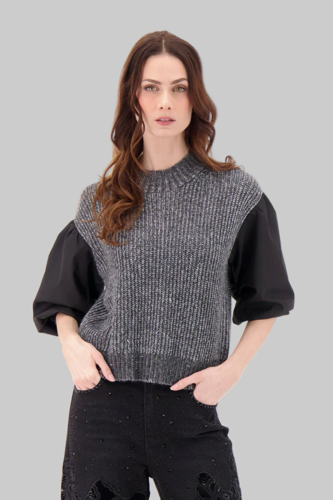 Mock Neck Lurex Sweater With Puff Sleeves