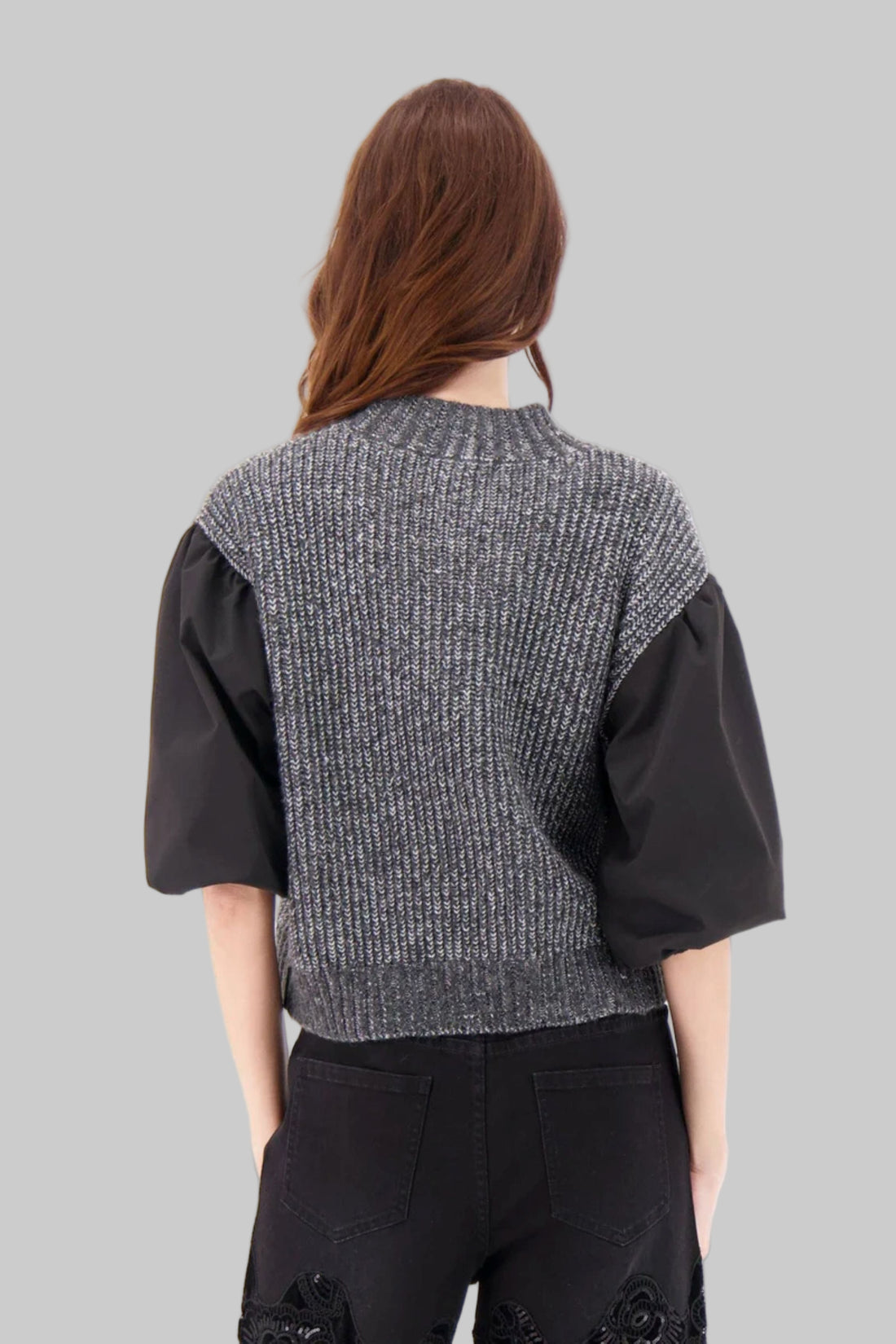 Mock Neck Lurex Sweater With Puff Sleeves