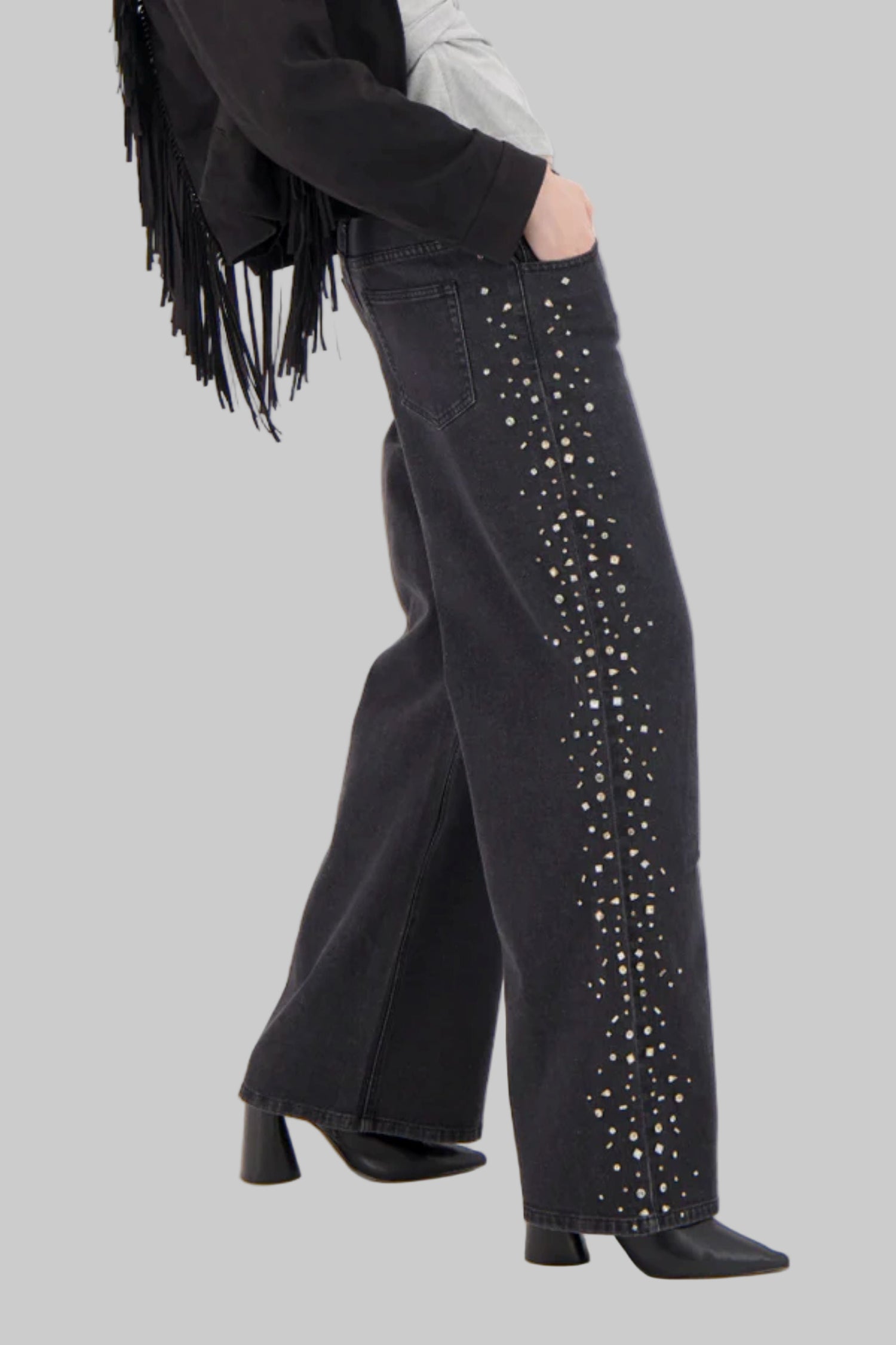 Side Seam Rhinestone Wide Leg Denim Pant