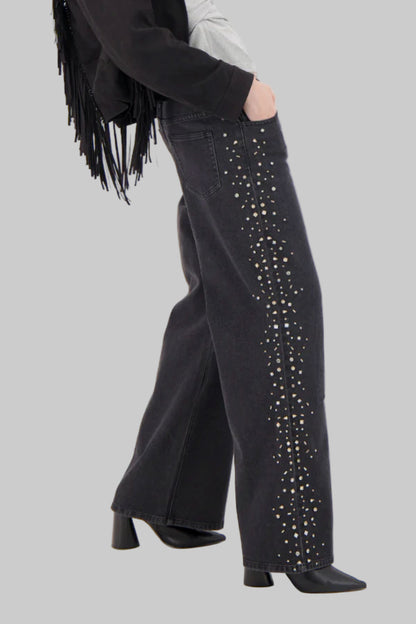 Side Seam Rhinestone Wide Leg Denim Pant