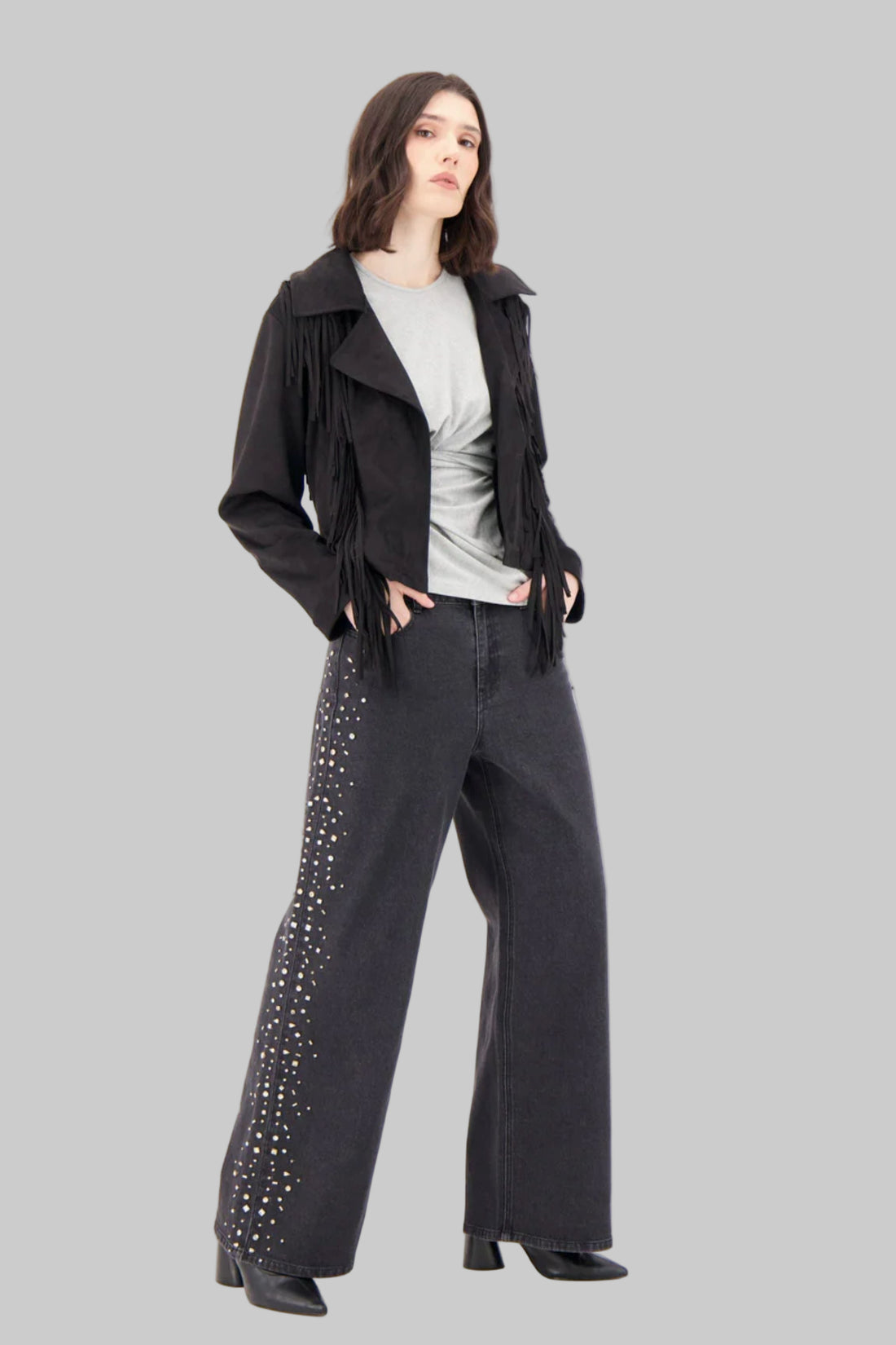 Side Seam Rhinestone Wide Leg Denim Pant