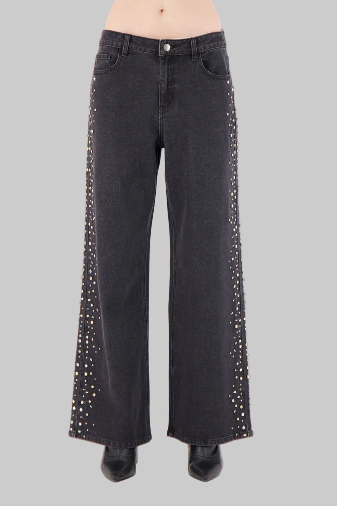 Side Seam Rhinestone Wide Leg Denim Pant