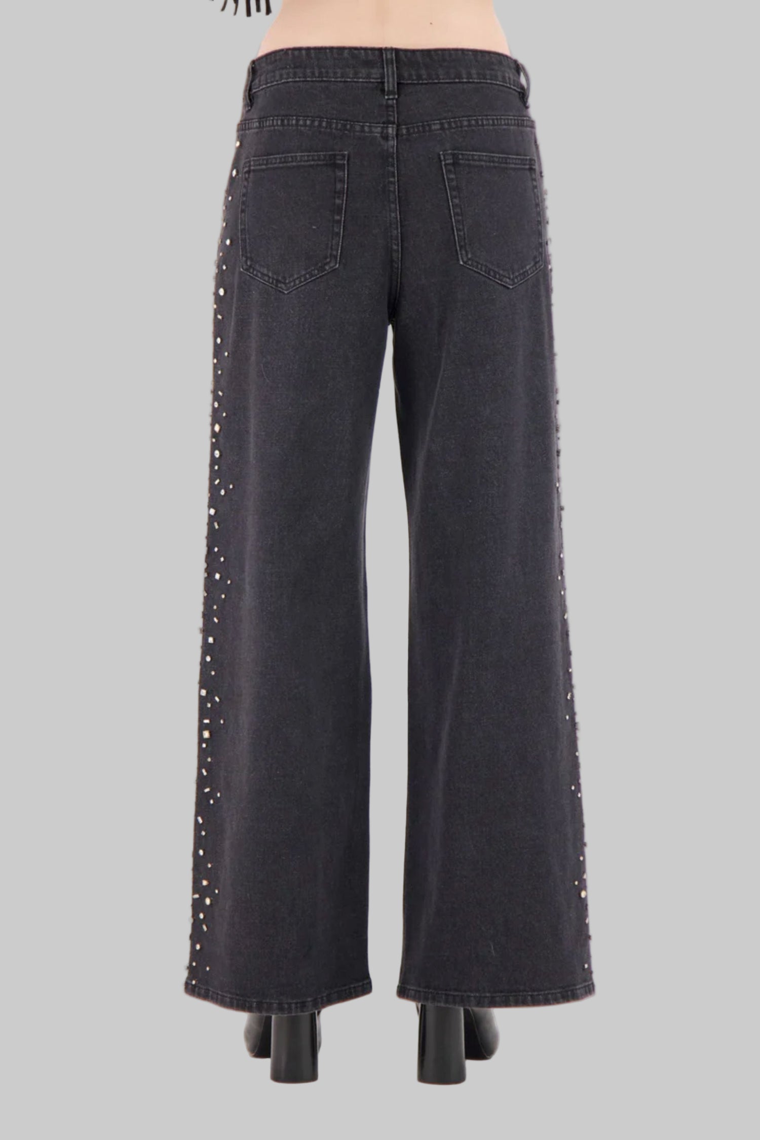 Side Seam Rhinestone Wide Leg Denim Pant