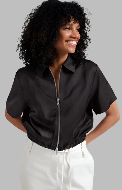 Satin Short-Sleeve Jacket With Zipper Closure