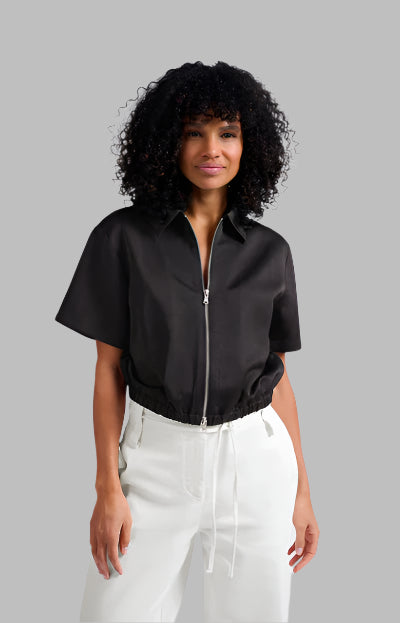 Satin Short-Sleeve Jacket With Zipper Closure