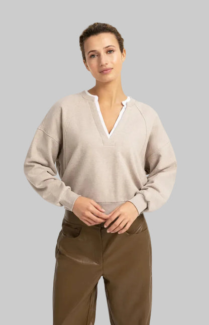 Sweatshirt with V Neck and Woven Collar