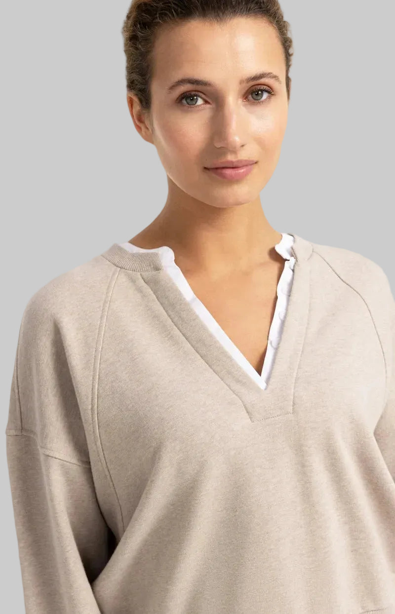 Sweatshirt with V Neck and Woven Collar