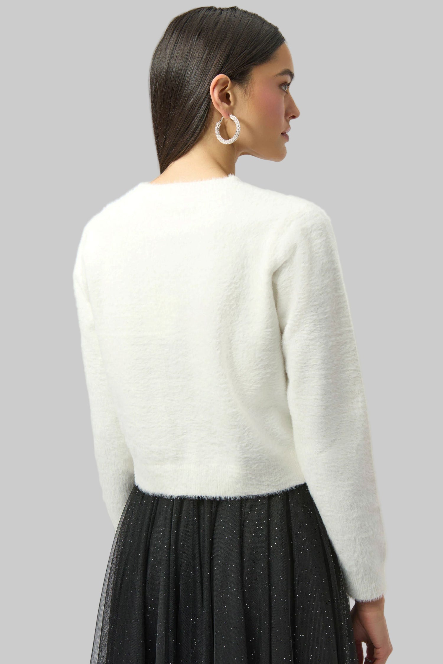 Feather Yarn Cardigan With Rhinestone Bow